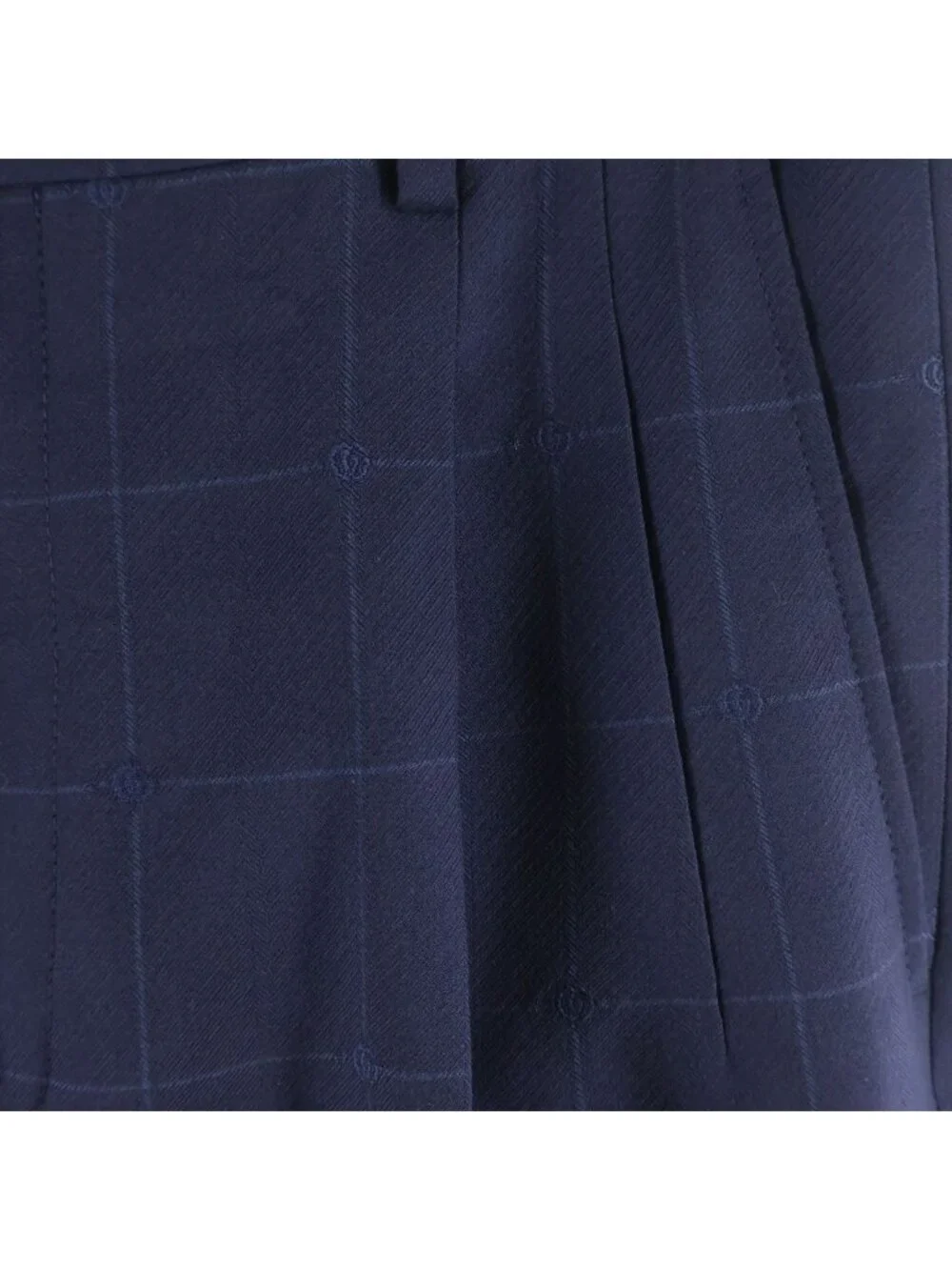 Gucci Pleated Wide Pants Trousers Check Wool GG Logo Navy
